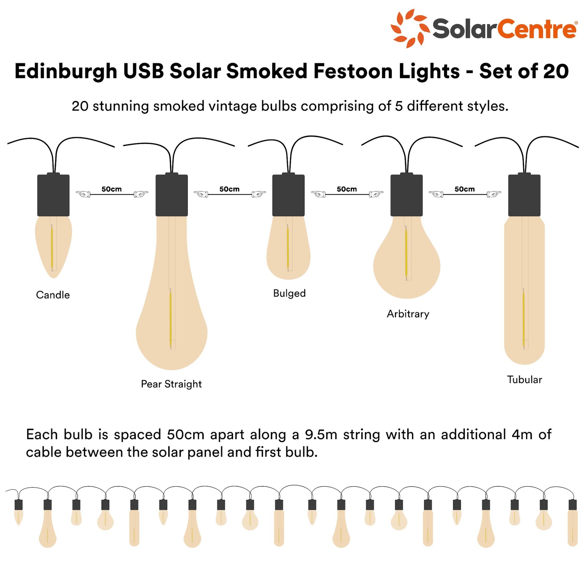 Edinburgh USB Solar Smoked Festoon Lights - Set Of 20 dimensions