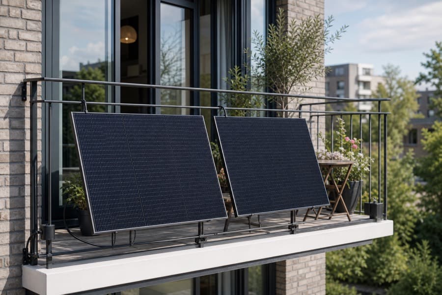 Balcony-style plug-in solar panels on a modern UK apartment balcony