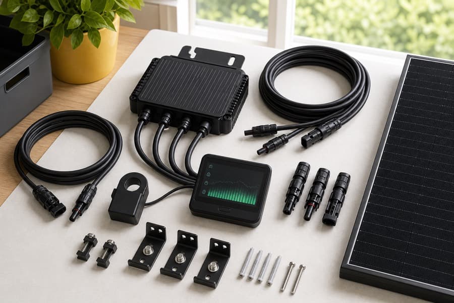 Plug-in solar kit components including microinverter, solar cables, brackets and monitor