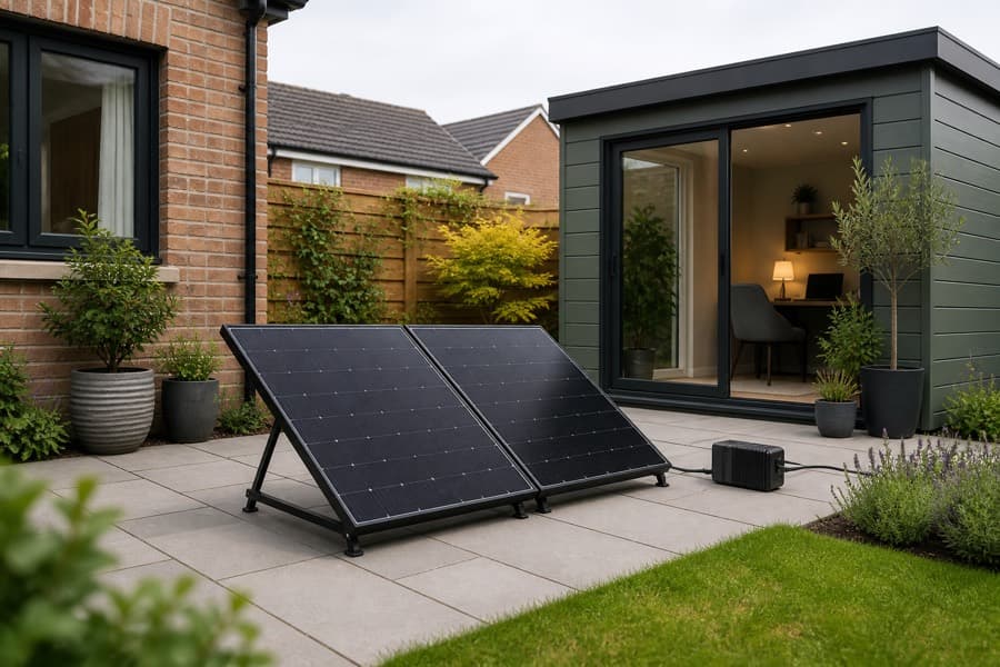 Two plug-in solar panels on a patio outside a UK garden office